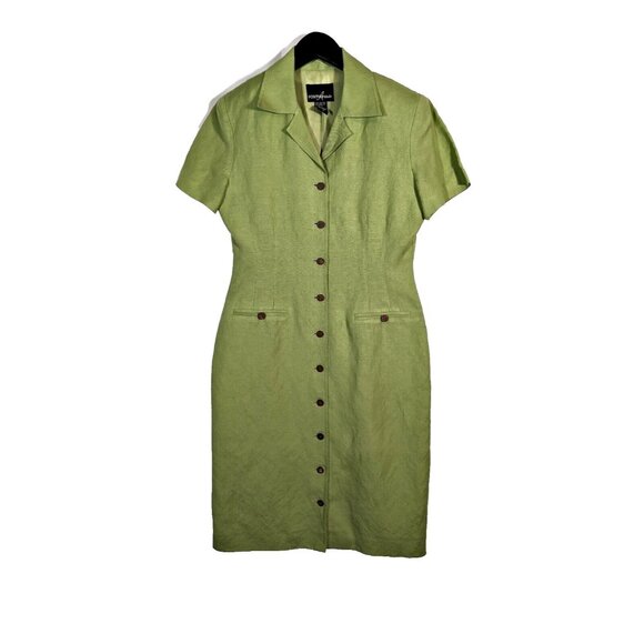 Vintage 90s Positive Attitude Sz 6 Clover Green LINEN Blend Midi Button Up Dress - Picture 1 of 9